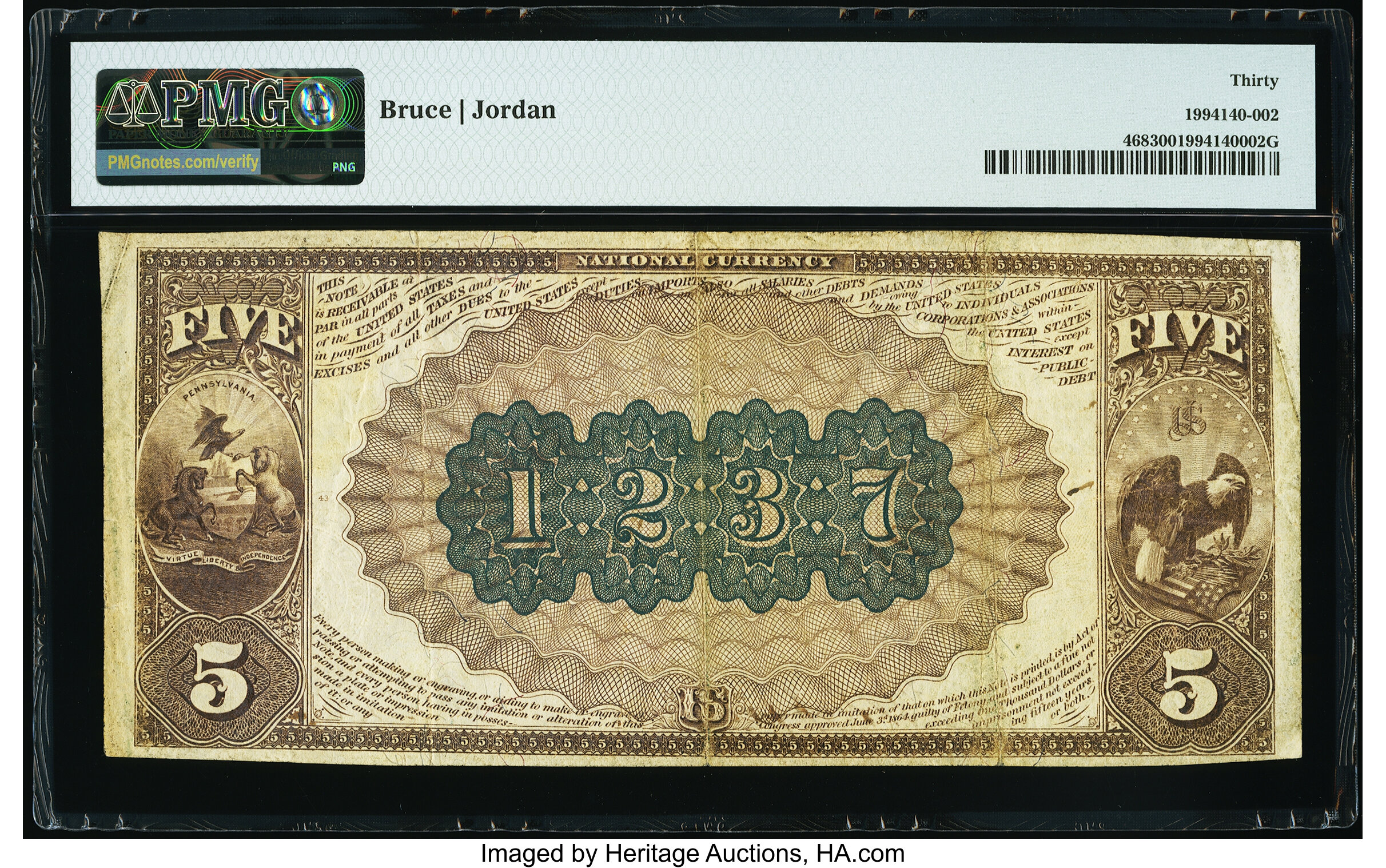 image for: Sunbury, PA - $5 1882 Brown Back Fr. 468 The First National Bank Ch. # (E)1237 PMG Very Fine 30....