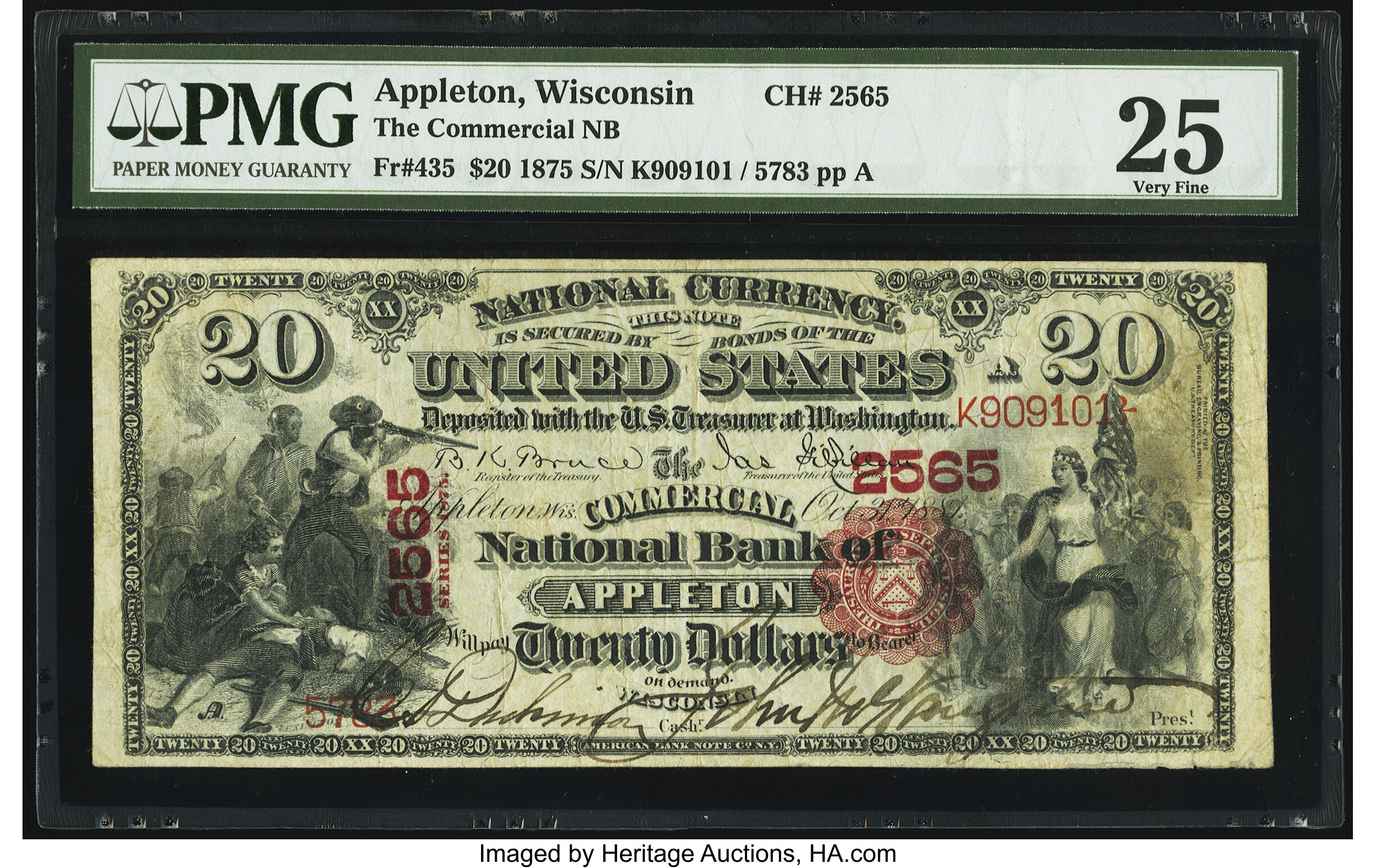 image for: Appleton, WI - $20 1875 Fr. 435 The Commercial National Bank Ch. # 2565 PMG Very Fine 25....