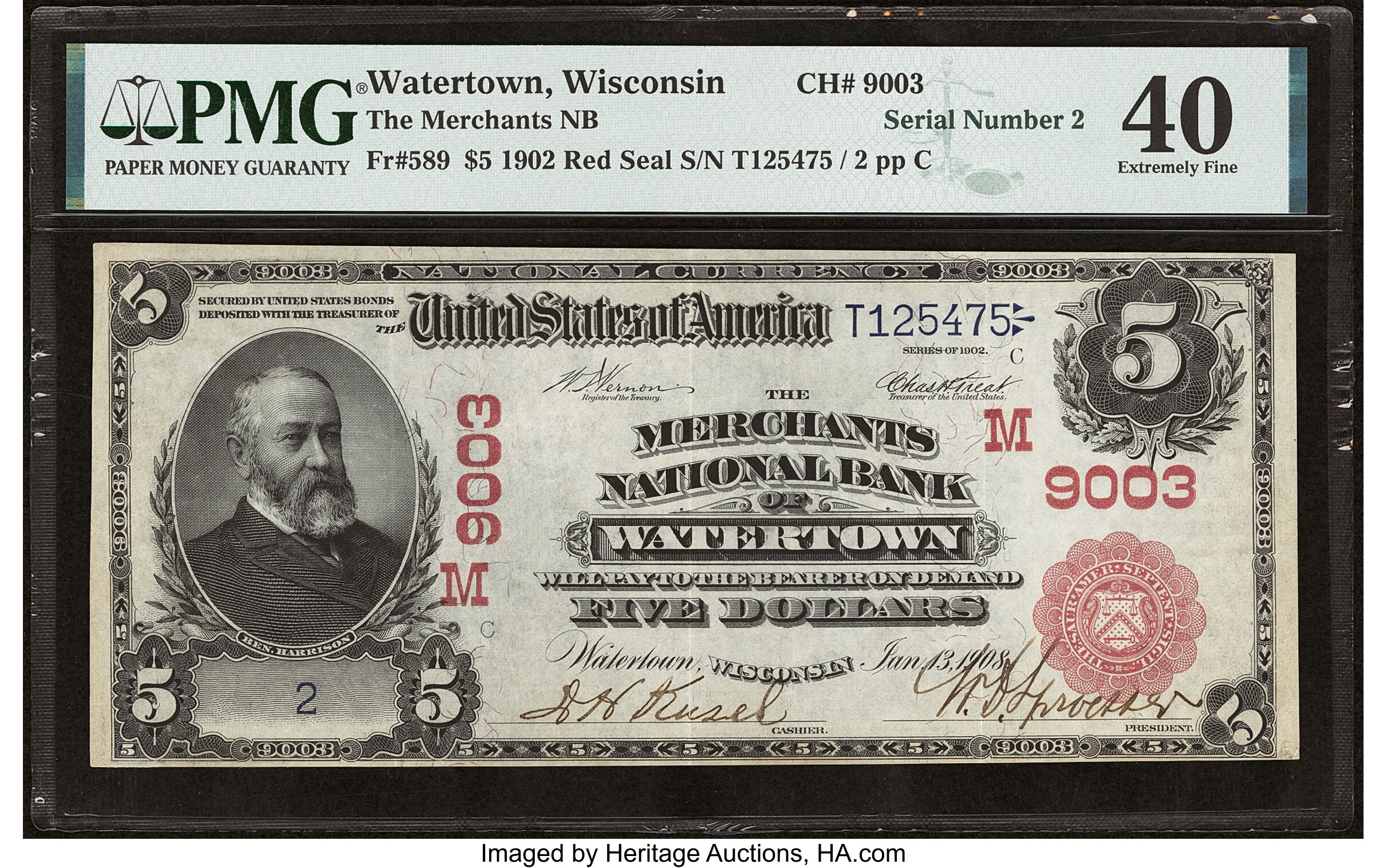 image for: Serial Number 2 Watertown, WI - $5 1902 Red Seal Fr. 589 The Merchants National Bank Ch. # (M)9003 PMG Extremely Fine 40....