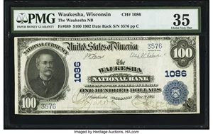 image for: Waukesha, WI - $100 1902 Date Back Fr. 689 The Waukesha National Bank Ch. # 1086 PMG Choice Very Fine 35....