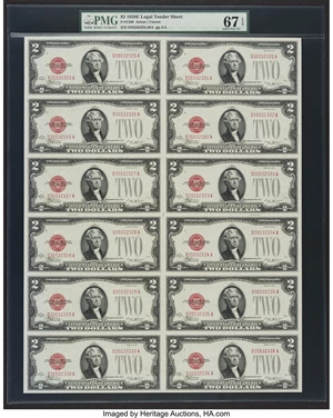 image for: Fr. 1506 $2 1928E Legal Tender Notes. Uncut Sheet of 12. PMG Superb Gem Unc 67 EPQ....