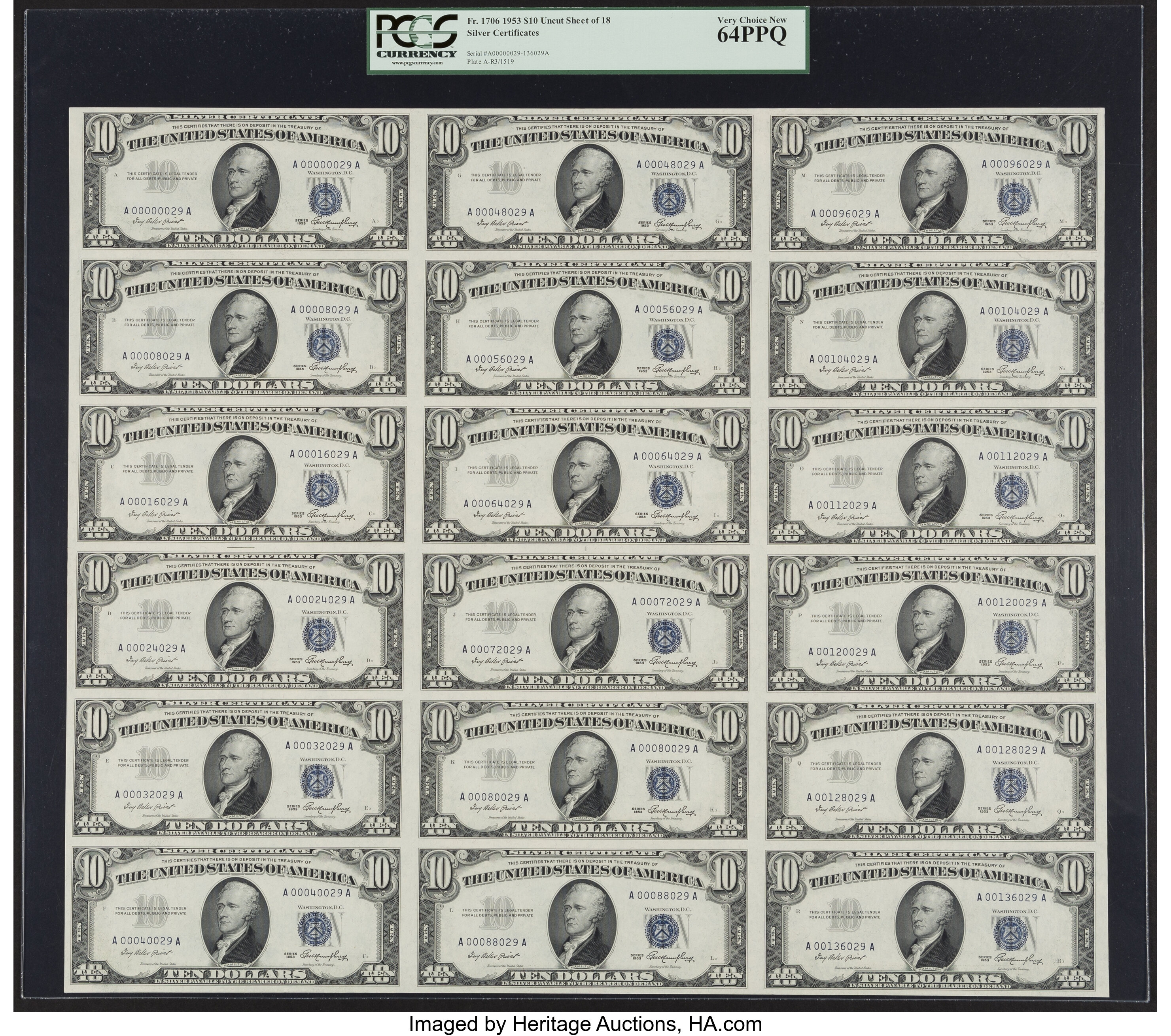 image for: Fr. 1706 $10 1953 Silver Certificates. Uncut Sheet of 18. PCGS Very Choice New 64PPQ....