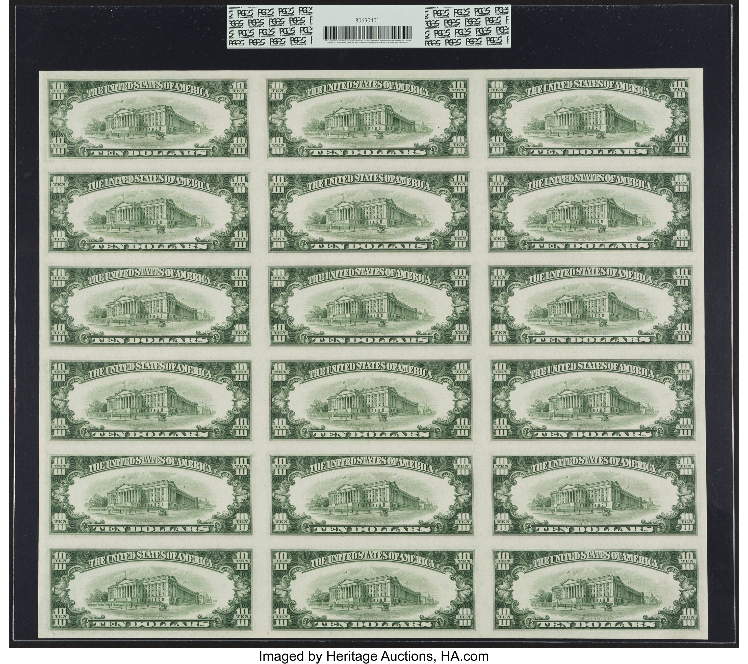 image for: Fr. 1706 $10 1953 Silver Certificates. Uncut Sheet of 18. PCGS Very Choice New 64PPQ....