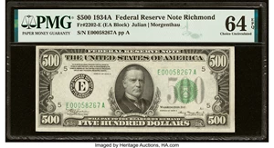 image for: Fr. 2202-E $500 1934A Federal Reserve Note. PMG Choice Uncirculated 64 EPQ....