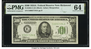 image for: Fr. 2202-E $500 1934A Federal Reserve Note. PMG Choice Uncirculated 64....