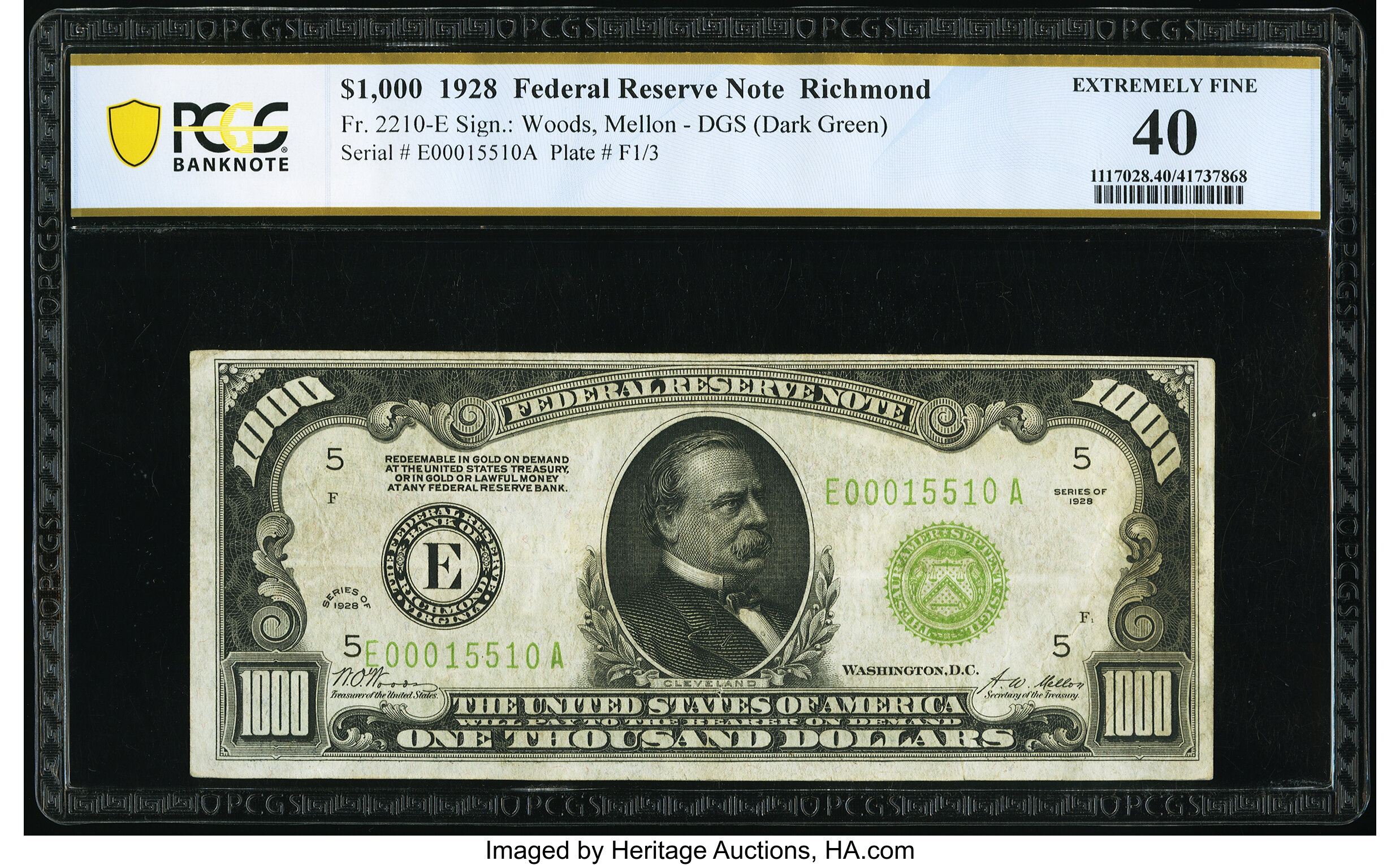 image for: Fr. 2210-E $1,000 1928 Dark Green Seal Federal Reserve Note. PCGS Banknote Extremely Fine 40....