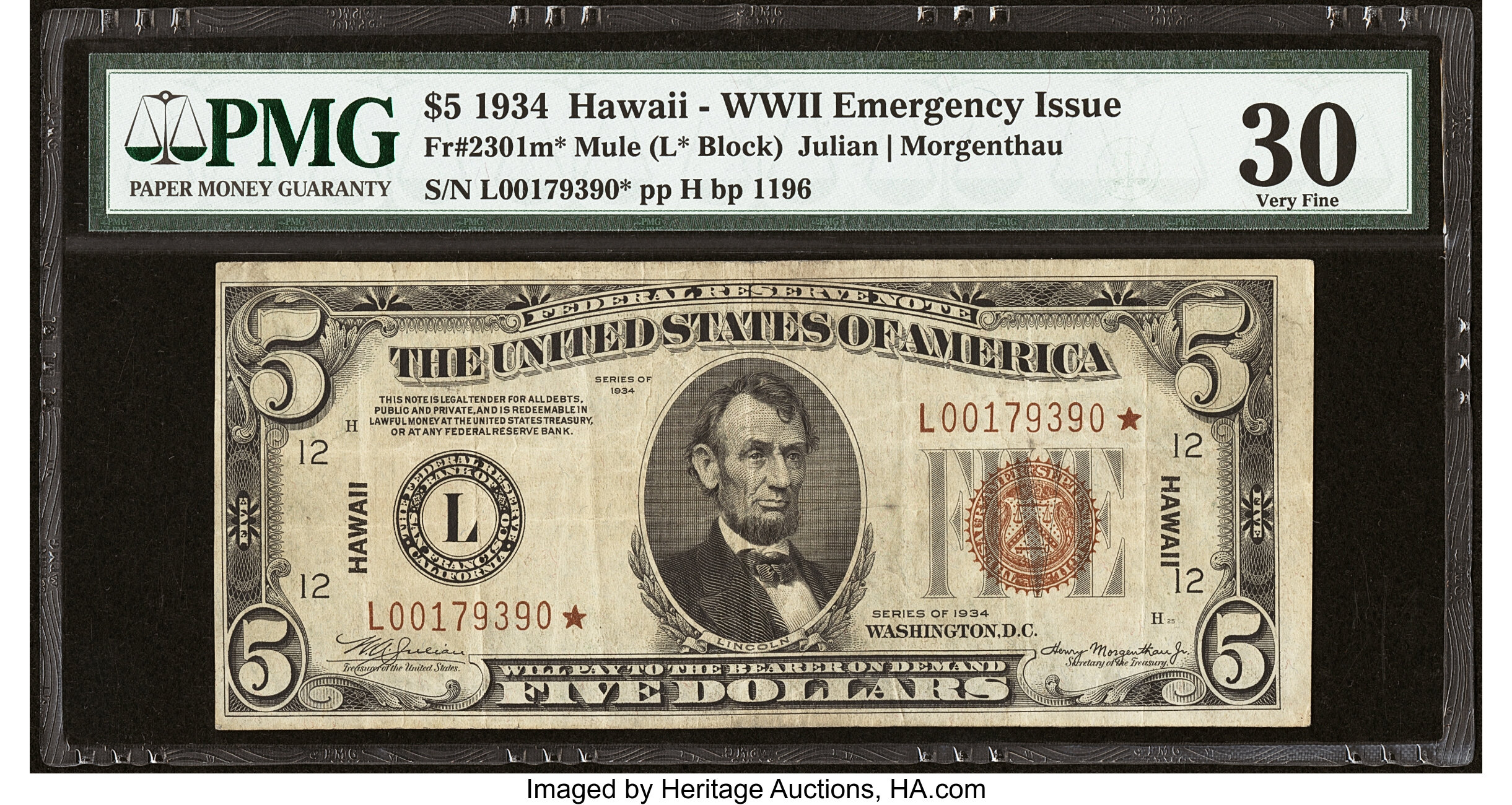 image for: Fr. 2301* $5 1934 Mule Hawaii Federal Reserve Star Note. PMG Very Fine 30....