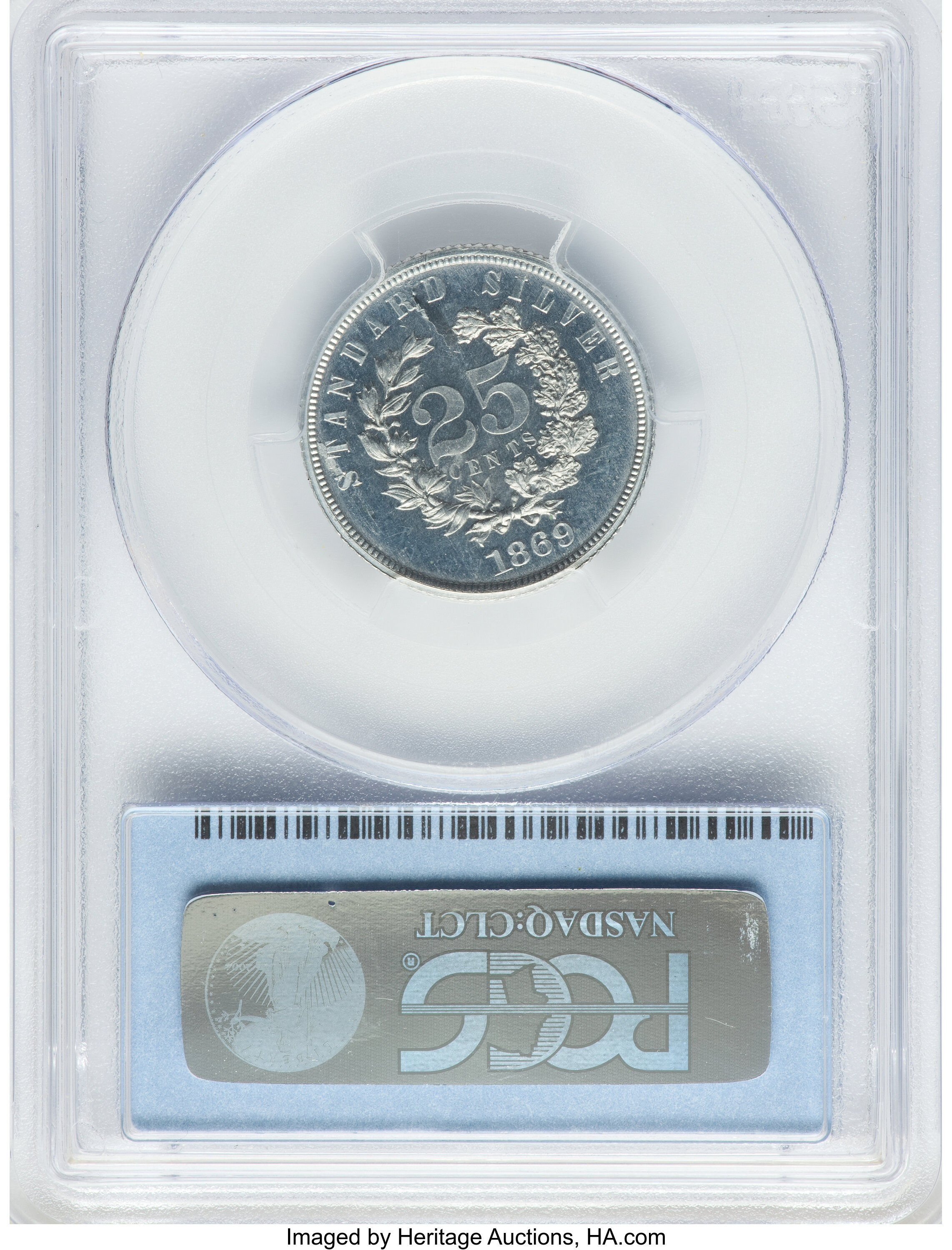 image for: 1869 25C Standard Silver Quarter, Judd-731, Pollock-812, High R.7 -- Laminated Planchet -- PR63 PCGS....