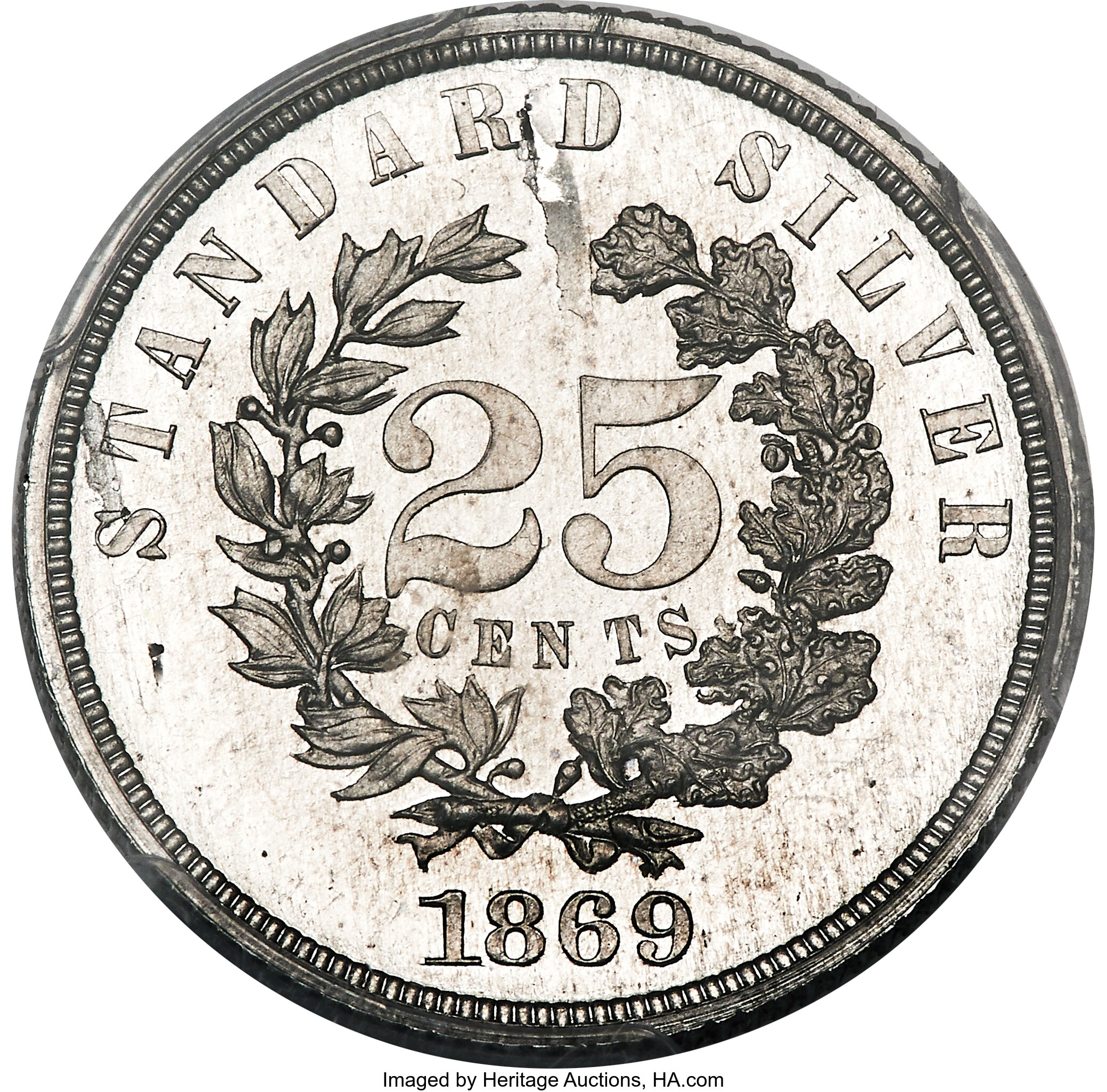 image for: 1869 25C Standard Silver Quarter, Judd-731, Pollock-812, High R.7 -- Laminated Planchet -- PR63 PCGS....