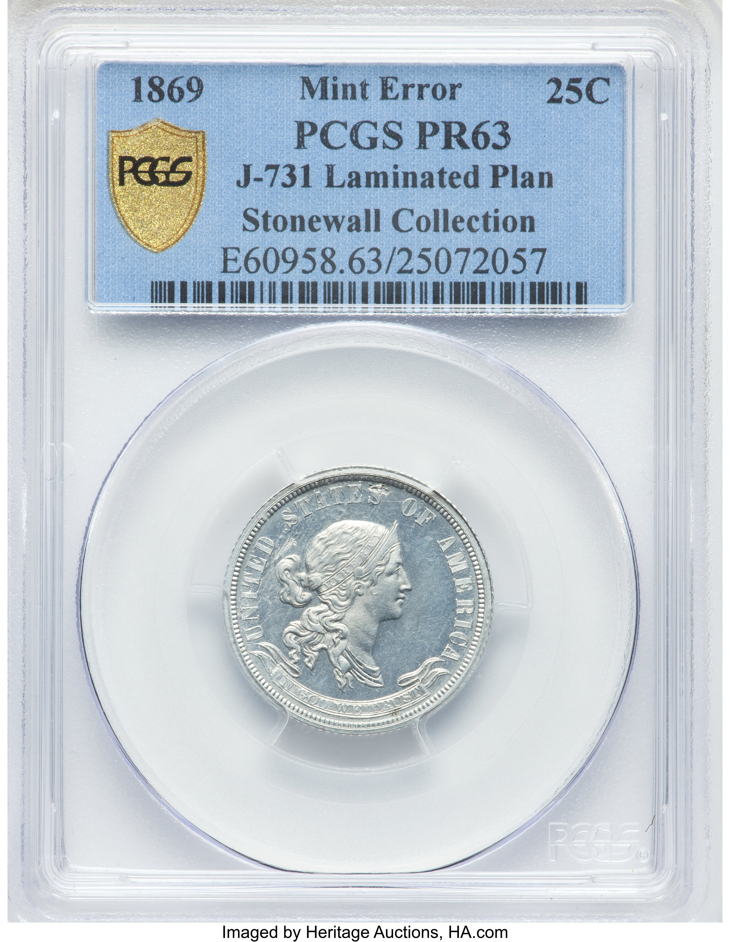 image for: 1869 25C Standard Silver Quarter, Judd-731, Pollock-812, High R.7 -- Laminated Planchet -- PR63 PCGS....