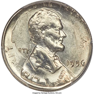 image for: 1956 1C Lincoln Cent -- Double Denomination on a Struck Dime, Struck Through Scrap Obverse -- MS62 PCGS....