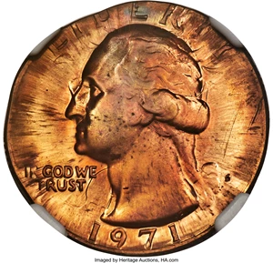 image for: 1971-S 25C Washington Quarter -- On a Cent Planchet, Clashed, Rotated Dies -- PR65 Red and Brown NGC....