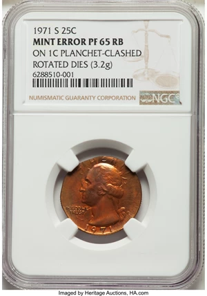 image for: 1971-S 25C Washington Quarter -- On a Cent Planchet, Clashed, Rotated Dies -- PR65 Red and Brown NGC....