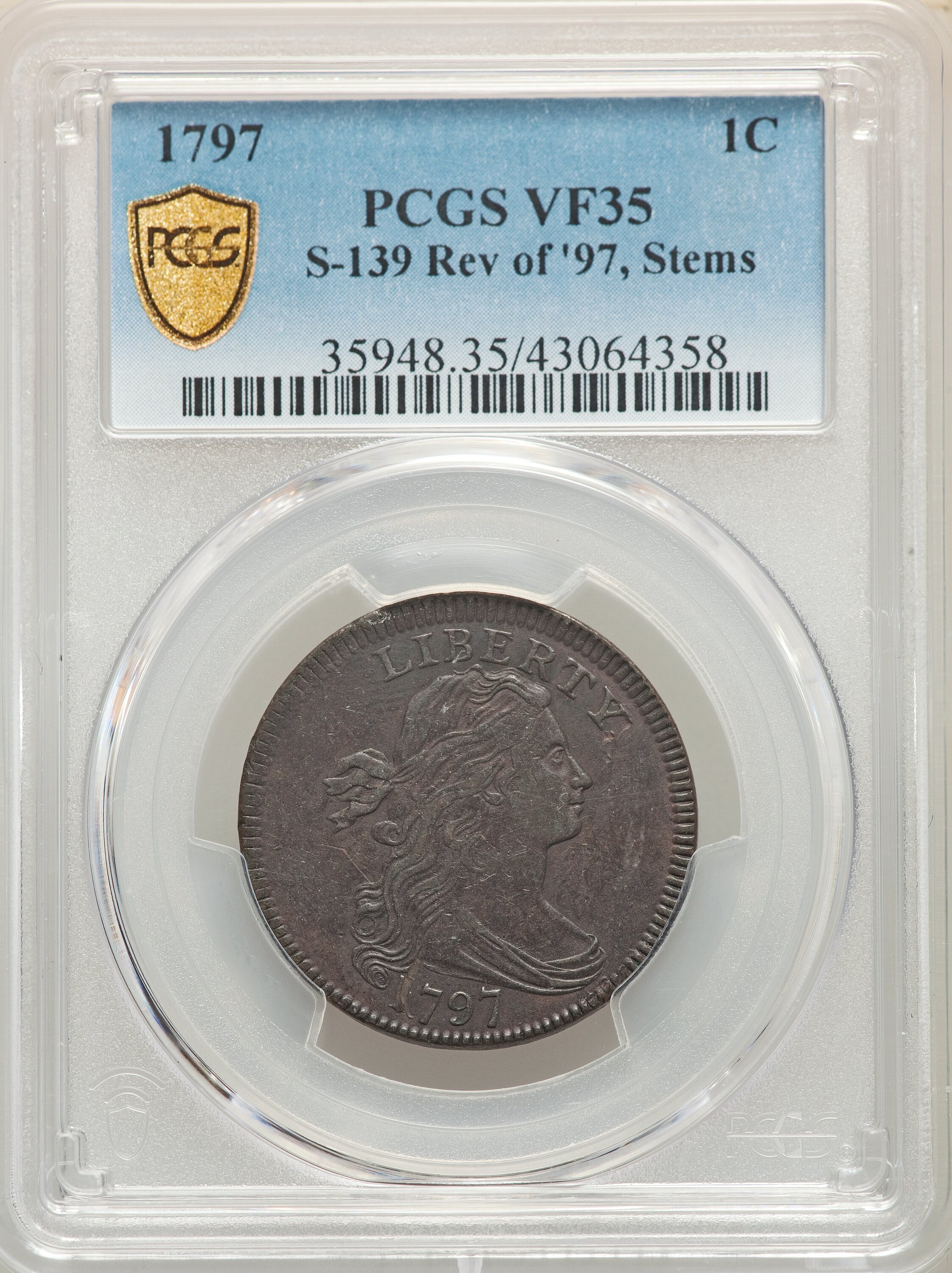 image for: 1797 1C Reverse of 1797, Stems, S-139, B-21, R.1, VF35 PCGS. PCGS Population: (1/7 and 0/1+). NGC Census: (0/6 and 0/0+). C...