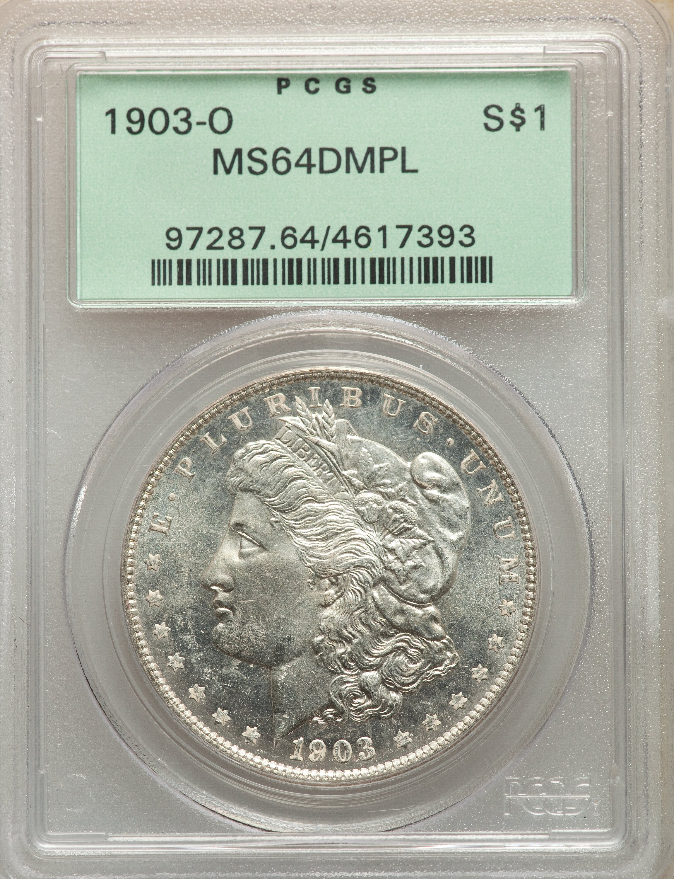 image for: 1903-O $1 MS64 Deep Mirror Prooflike PCGS. PCGS Population: (31/17). NGC Census: (12/4). CDN: $1,675 Whsle. Bid for NGC/PCG...
