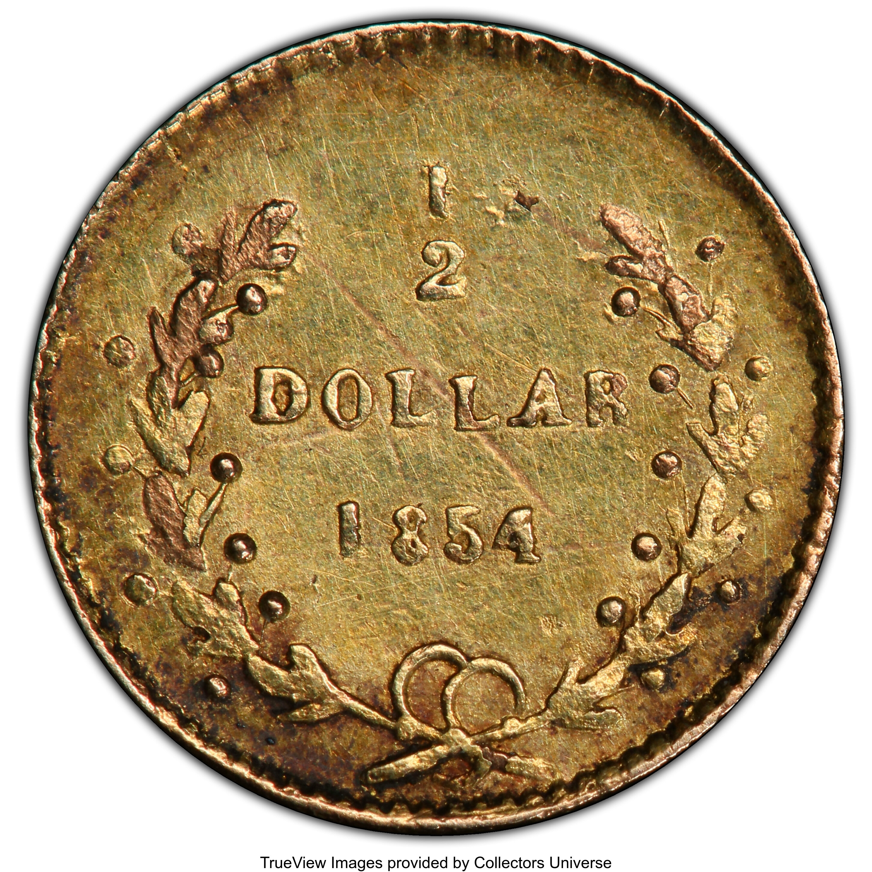 image for: 1854 50C Liberty Round 50 Cents, BG-403, R.7, AU58 PCGS. PCGS Population: (3/9 and 0/0+). NGC Census: (2/4 and 0/0+).  ...