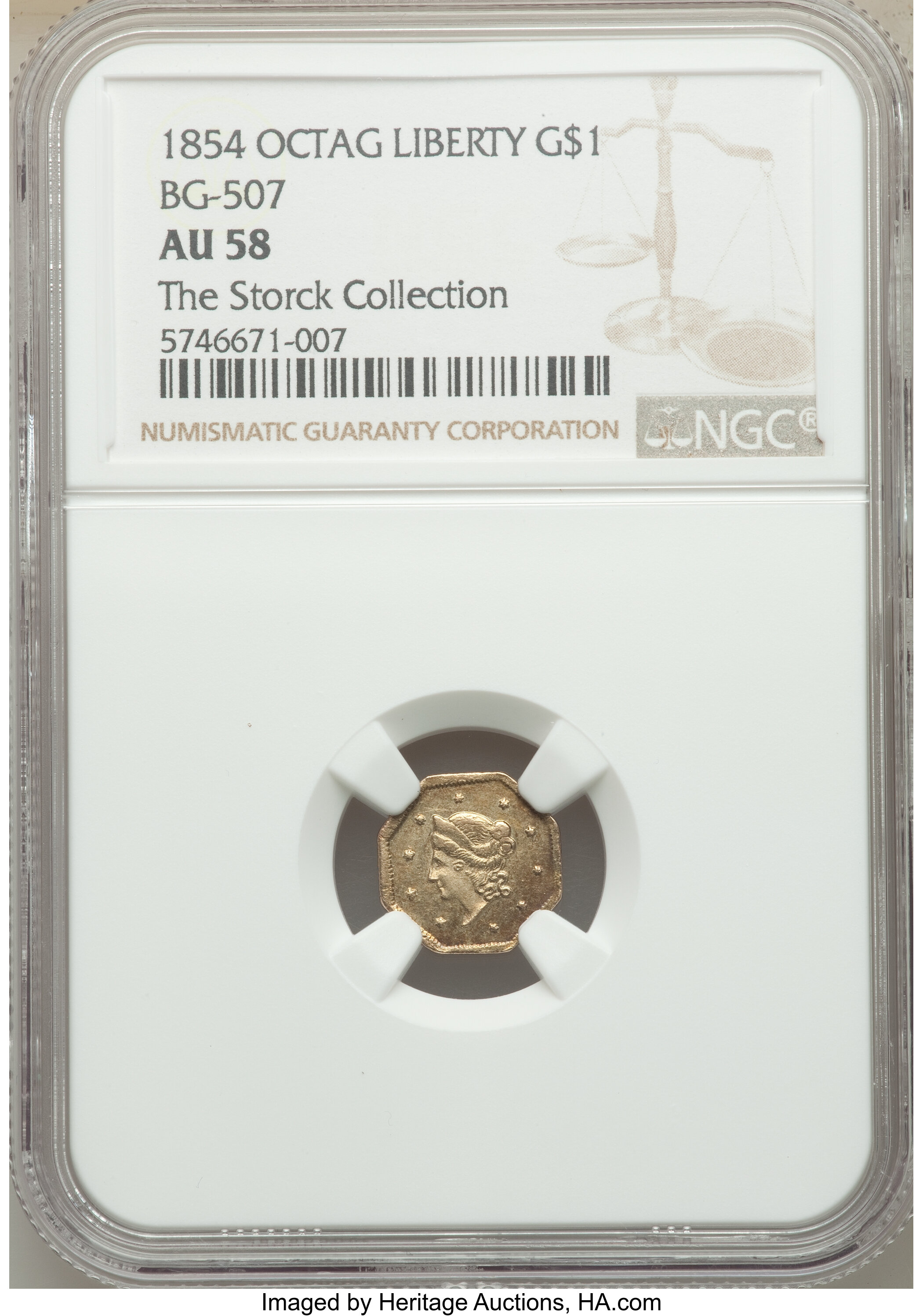 image for: 1854 $1 Liberty Octagonal 1 Dollar, BG-507, High R.6, AU58 NGC. Ex: The Storck Collection. A rare die marriage. The reverse...