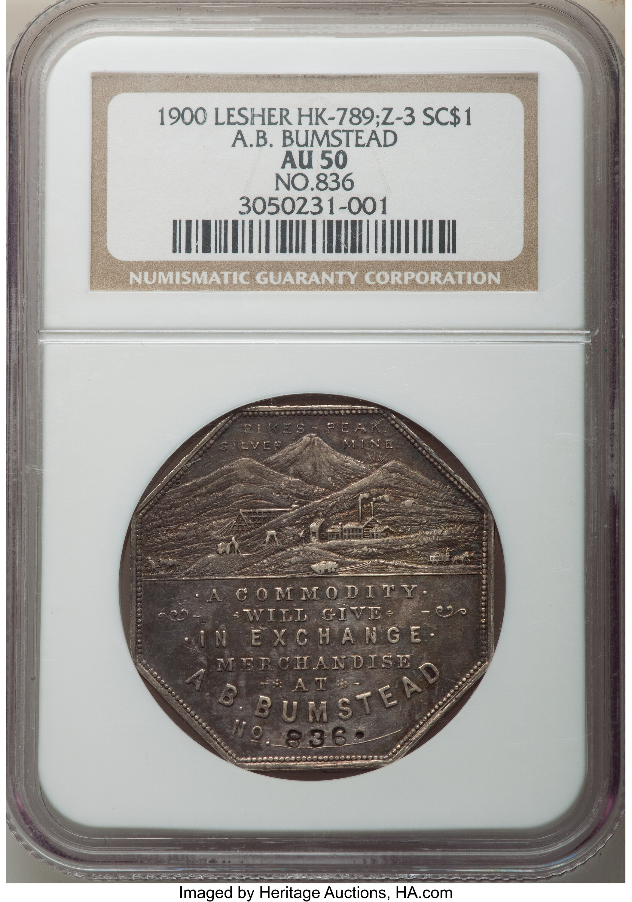 image for: 1900 $1 Lesher Dollar, A.B. Bumstead, Type Two, Serial #, Silver, Z-3, HK-789, R.5, AU50 NGC. NGC Census: (5/25). PCGS Popu...
