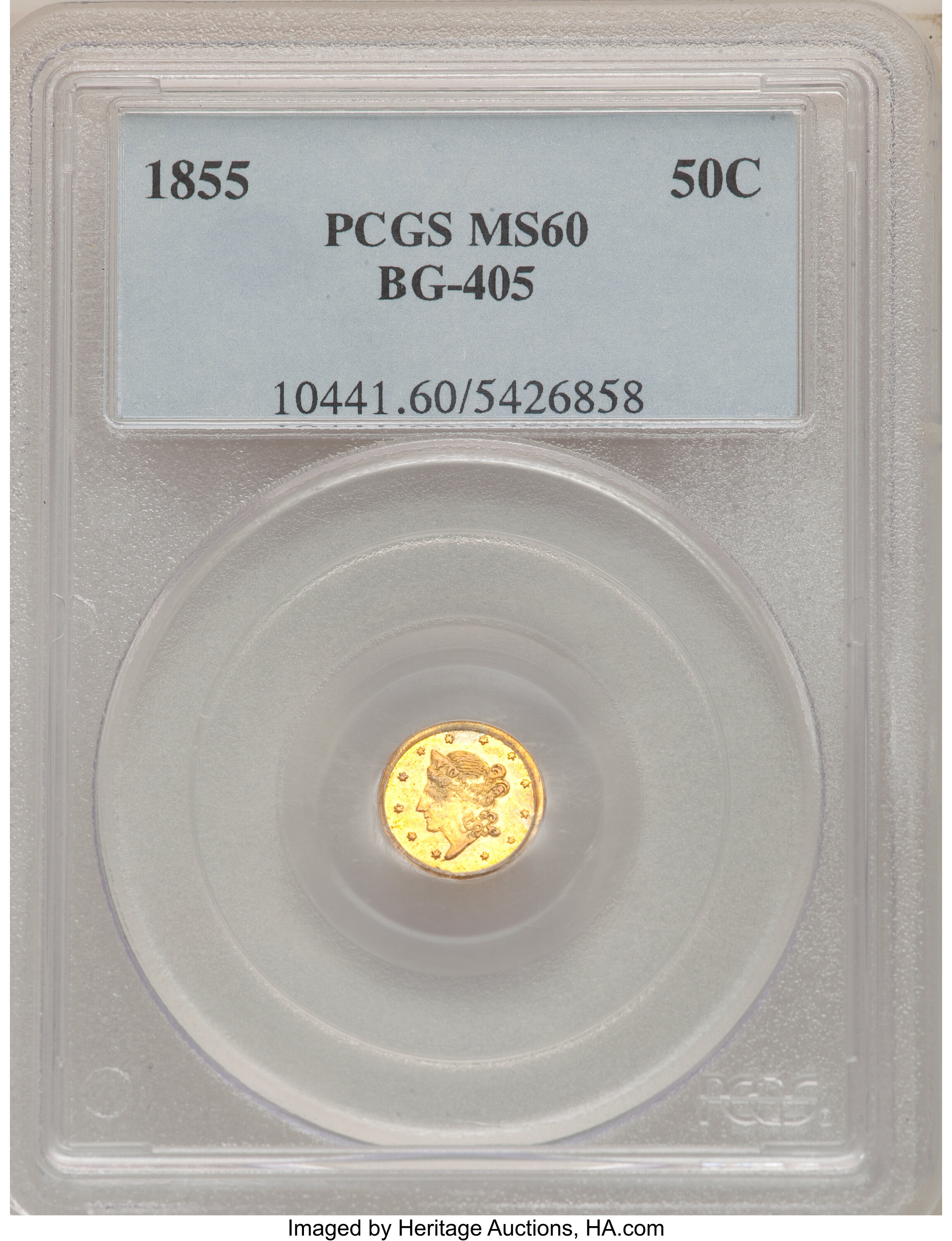 image for: 1855 50C Liberty Round 50 Cents, BG-405, R.5, MS60 PCGS. PCGS Population: (1/21). NGC Census: (0/8). MS60. ...