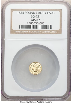 image for: 1854 50C Liberty Round 50 Cents, BG-431, Low R.5, MS62 NGC. NGC Census: (9/1). PCGS Population: (16/16). MS62. ...