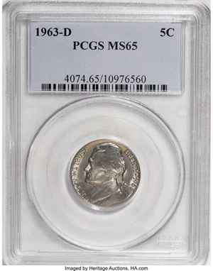 image for: 1963-D 5C MS65 PCGS. PCGS Population (44/2). NGC Census: (36/18). Mintage: 276,829,472. Numismedia Wsl. Price for NGC/PCGS ...