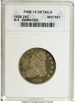 image for: 1828 25C 25/50C--Damaged--ANACS. Fine 15 Details. B-4. NGC Census: (1/8). PCGS Population (0/14). Numismedia Wsl. Price f...