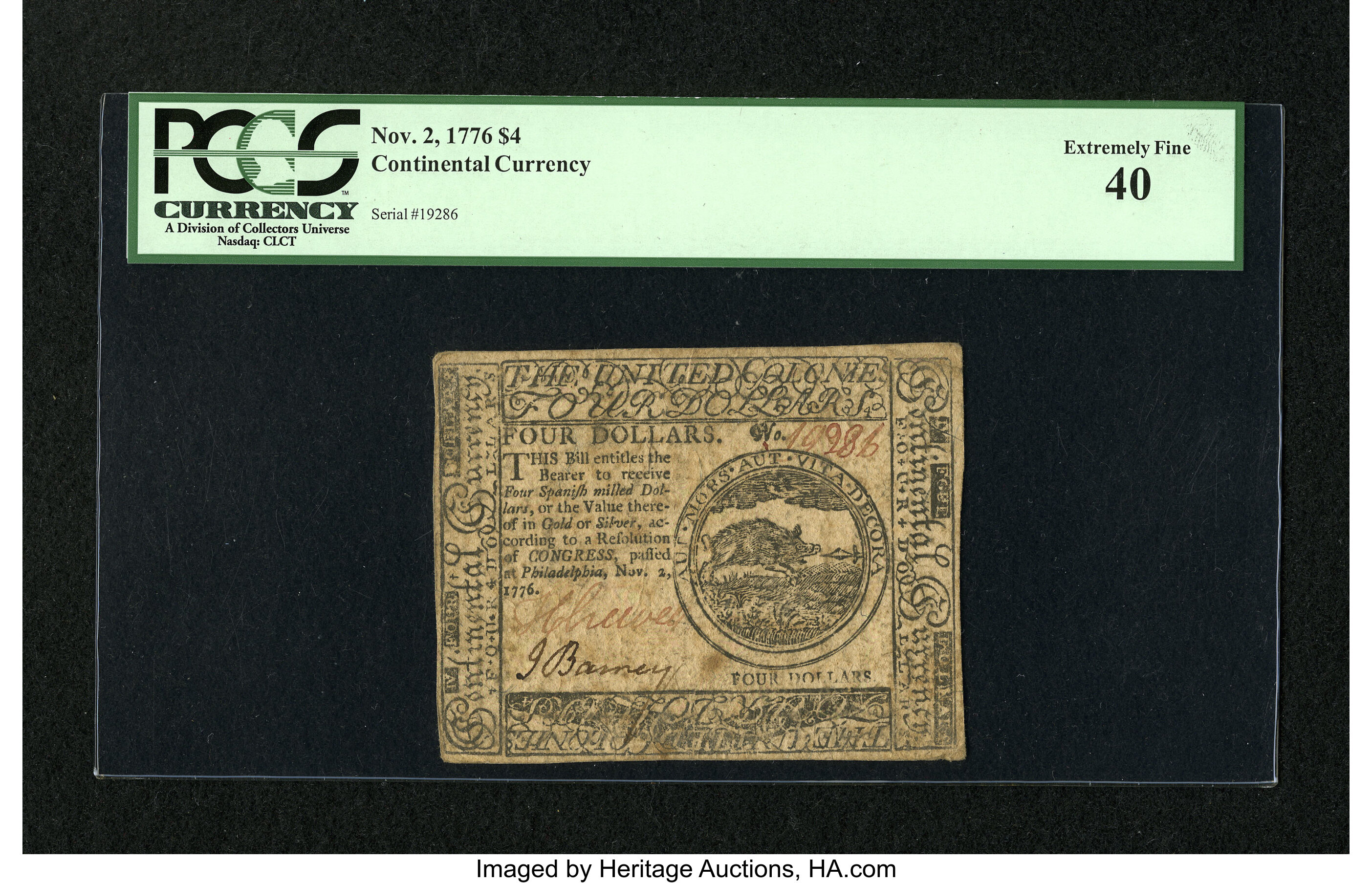 image for: Continental Currency November 2, 1776 $4 PCGS Extremely Fine 40....