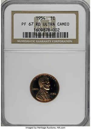 image for: 1954 1C PR67 Red Deep Cameo NGC. NGC Census: (88/22). PCGS Population (11/4). Numismedia Wsl. Price for NGC/PCGS coin in P...