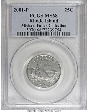 image for: 2001-P 25C Rhode Island MS68 PCGS. Ex: Michael Fuller Collection. PCGS Population (297/3). NGC Census: (0/0). Numismedia W...
