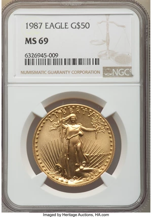 image for: 1987 G$50 One-Ounce Gold Eagle MS69 NGC. NGC Census: (3115/461). PCGS Population: (2183/119). CDN: $2,058.59.Whsle. Bid for...