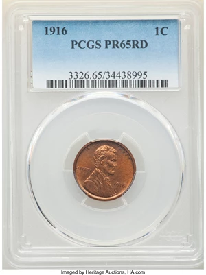 image for: 1916 1C PR65 Red PCGS. With the exception of the 1909 VDB, the 1916 is the scarcest matte proof Lincoln cent in Gem or bett...