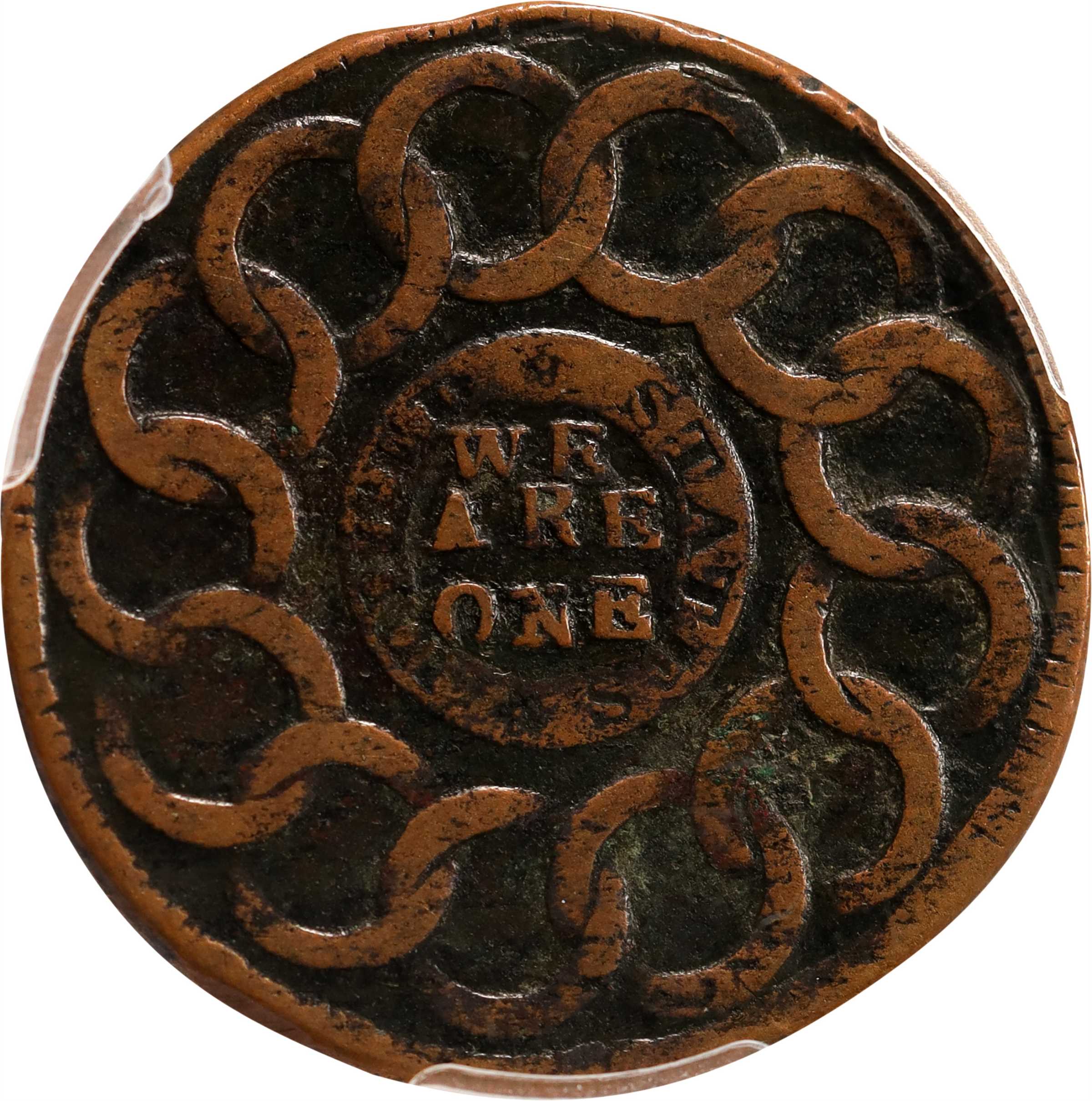 image for: 1787 Fugio Cent. Pointed Rays. Newman 10-G, W-6700. Rarity-5. UNITED STATES, 1/Horizontal 1. Fine Details--Environmental Damage (PCGS).