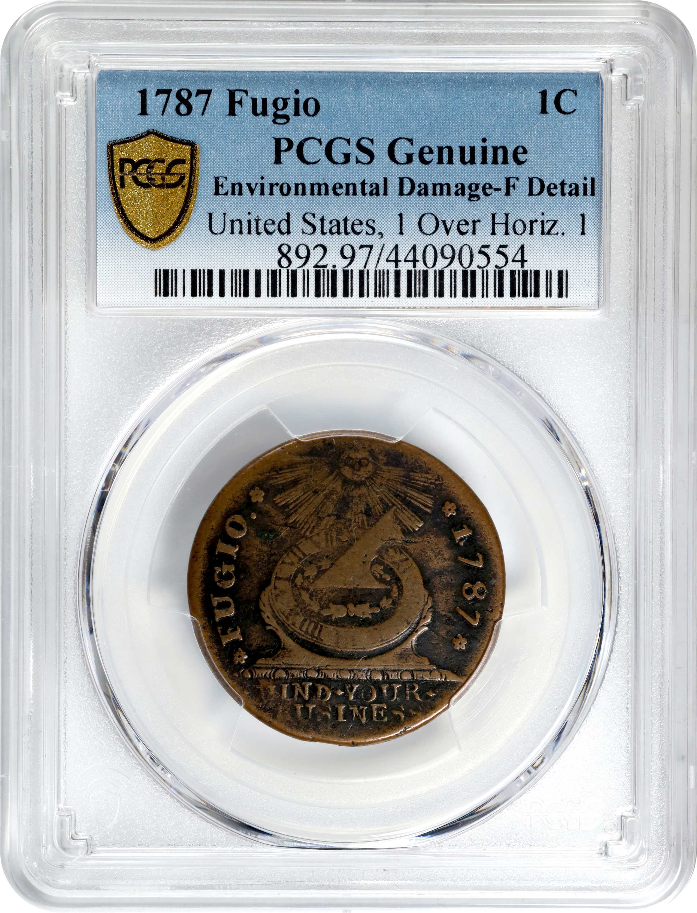image for: 1787 Fugio Cent. Pointed Rays. Newman 10-G, W-6700. Rarity-5. UNITED STATES, 1/Horizontal 1. Fine Details--Environmental Damage (PCGS).
