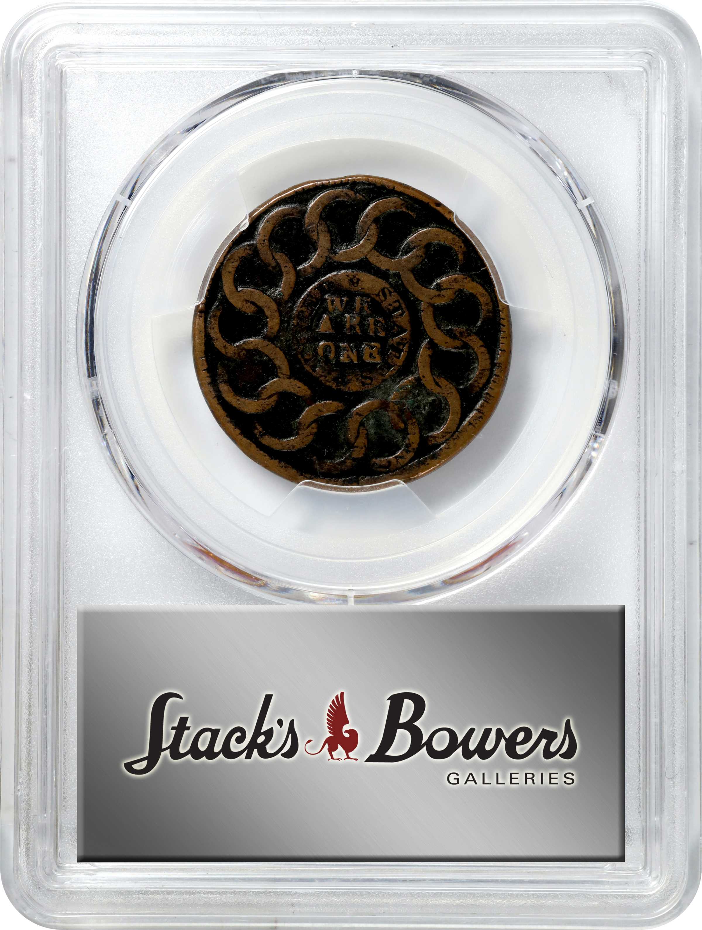 image for: 1787 Fugio Cent. Pointed Rays. Newman 10-G, W-6700. Rarity-5. UNITED STATES, 1/Horizontal 1. Fine Details--Environmental Damage (PCGS).