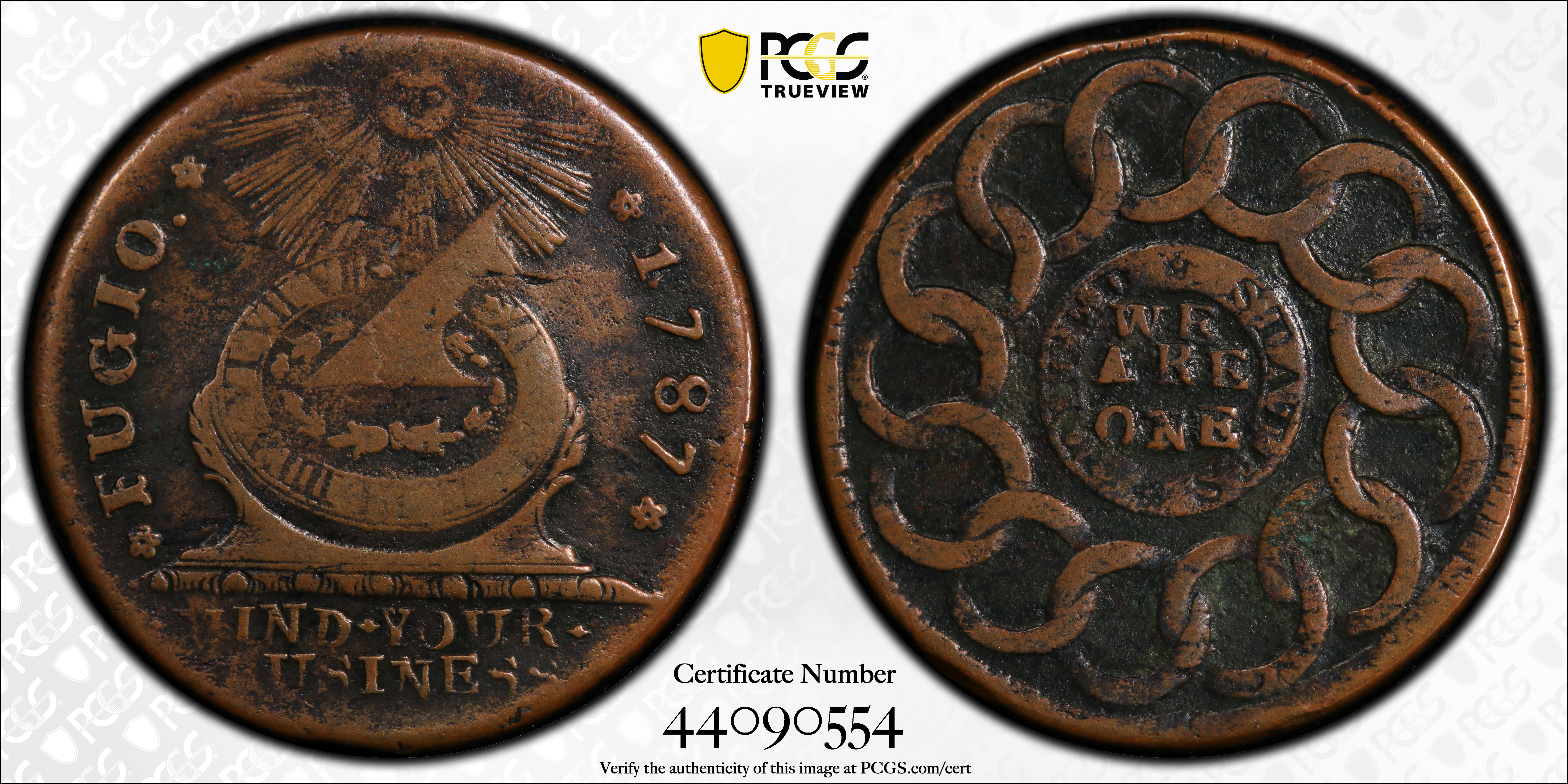 image for: 1787 Fugio Cent. Pointed Rays. Newman 10-G, W-6700. Rarity-5. UNITED STATES, 1/Horizontal 1. Fine Details--Environmental Damage (PCGS).