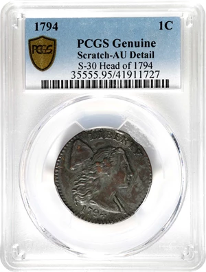 image for: 1794 Liberty Cap Cent. S-30. Rarity-1. Head of 1794. AU Details--Scratch (PCGS).
