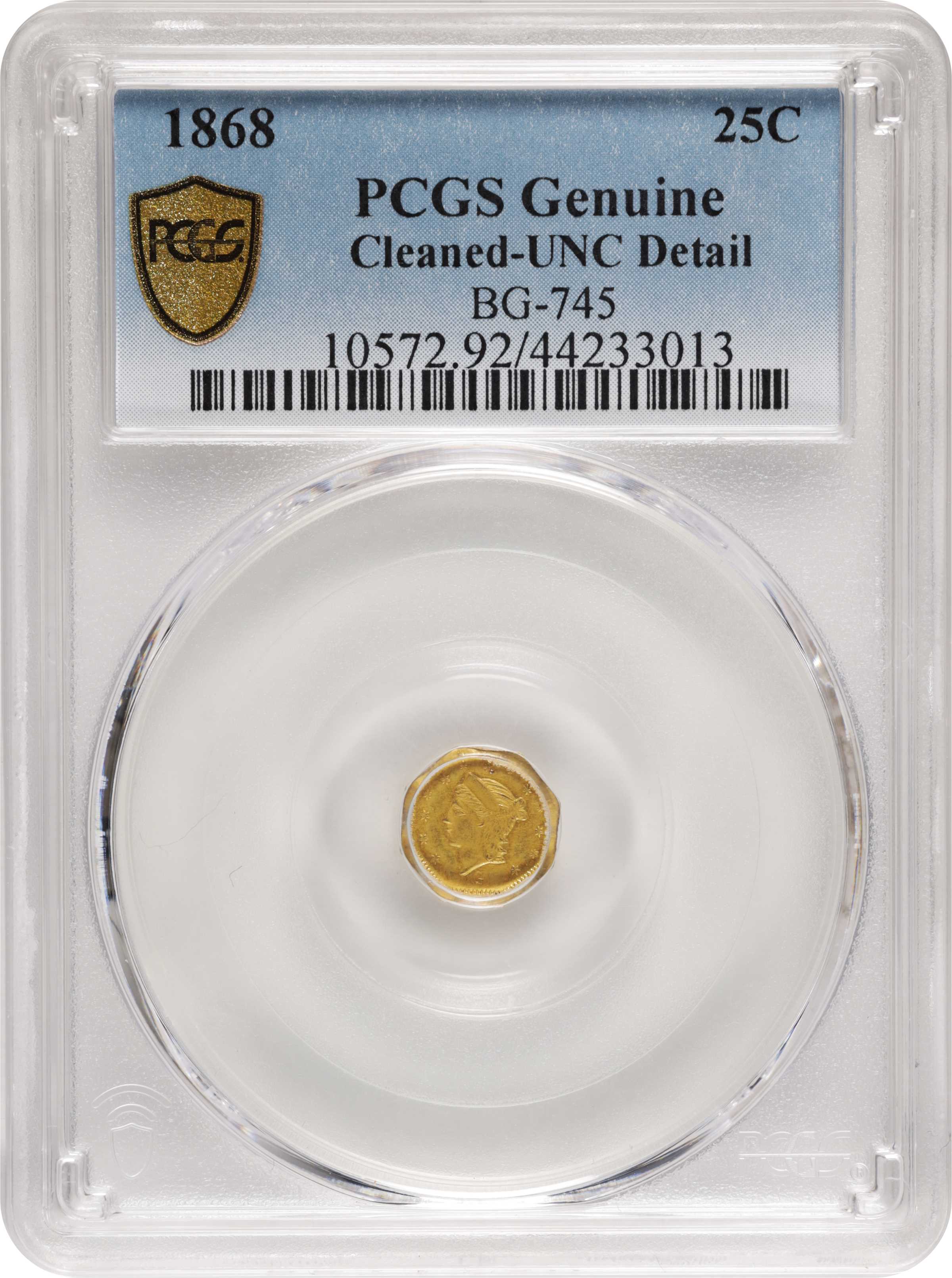 image for: 1868-G Octagonal 25 Cents. BG-745. Rarity-6-. Liberty Head. Unc Details--Cleaned (PCGS).