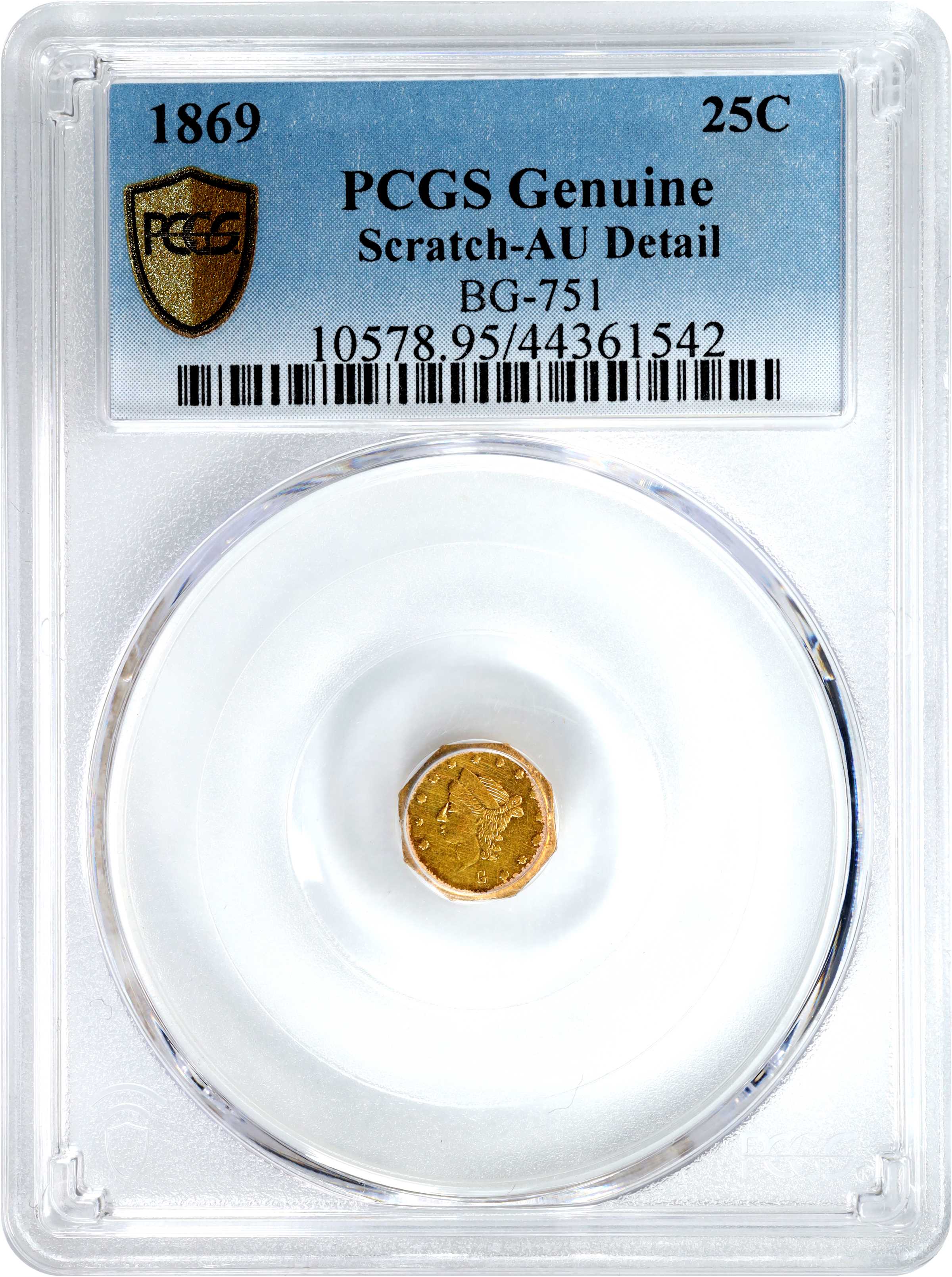 image for: 1869-G Octagonal 25 Cents. BG-751. Rarity-4+. Liberty Head. AU Details--Scratch (PCGS).