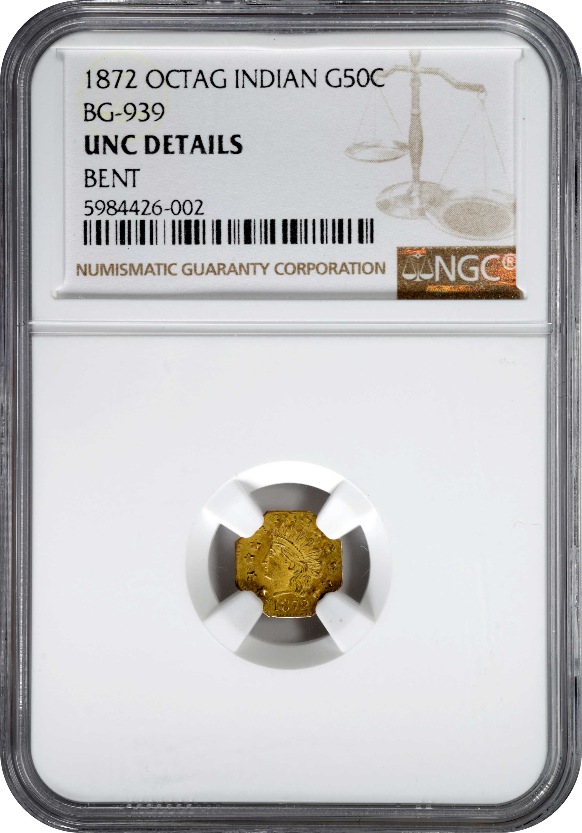 image for: 1872 Octagonal 50 Cents. BG-939. Rarity-5-. Indian Head. Unc Details--Bent (NGC).