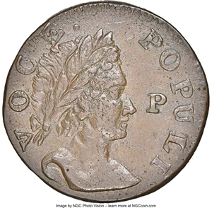 image for: 1760 1/2 P Hibernia-Voce Populi Halfpenny, P Before Face MS62 Brown NGC. N. 12, Z. 15-N, W-13950, R.2....