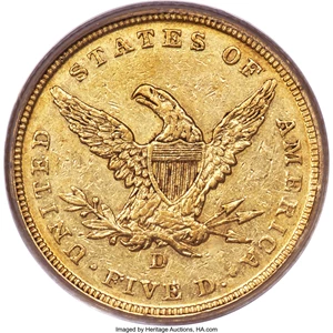 image for: 1841-D $5 Tall D AU53 PCGS. CAC. Variety 5-B. ...