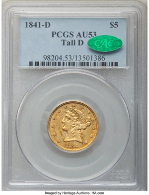 image for: 1841-D $5 Tall D AU53 PCGS. CAC. Variety 5-B. ...