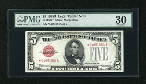 image for: Fr. 1527* $5 1928B Legal Tender Star Note. PMG Very Fine 30....