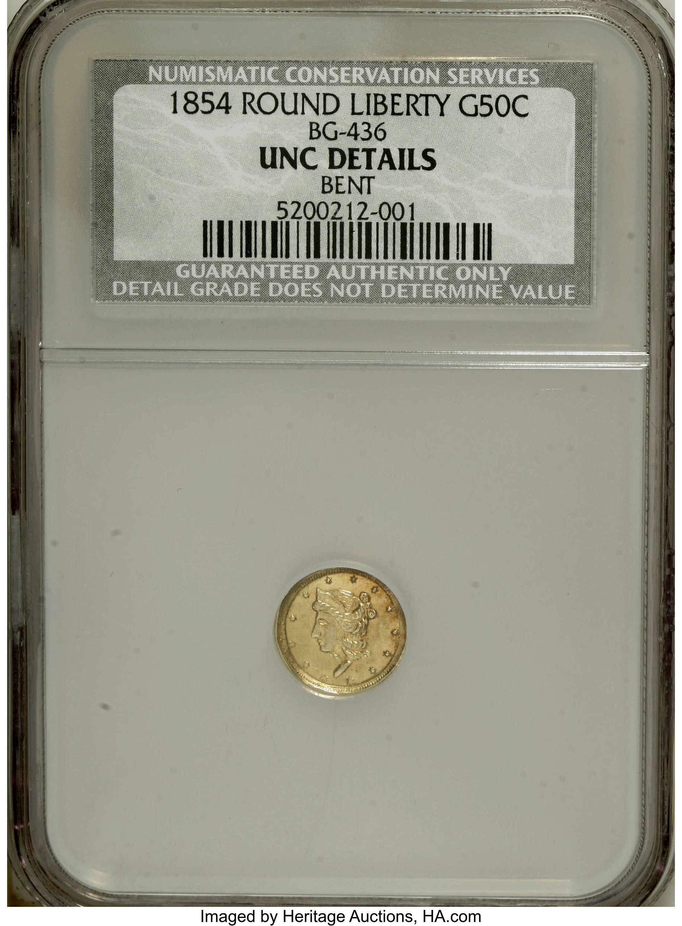 image for: 1854 50C Liberty Round 50 Cents, BG-436, R.6--Bent--NCS. Unc Details....