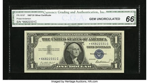 image for: Fr. 1619* $1 1957 Silver Certificate Star. CGA Gem Uncirculated 66....