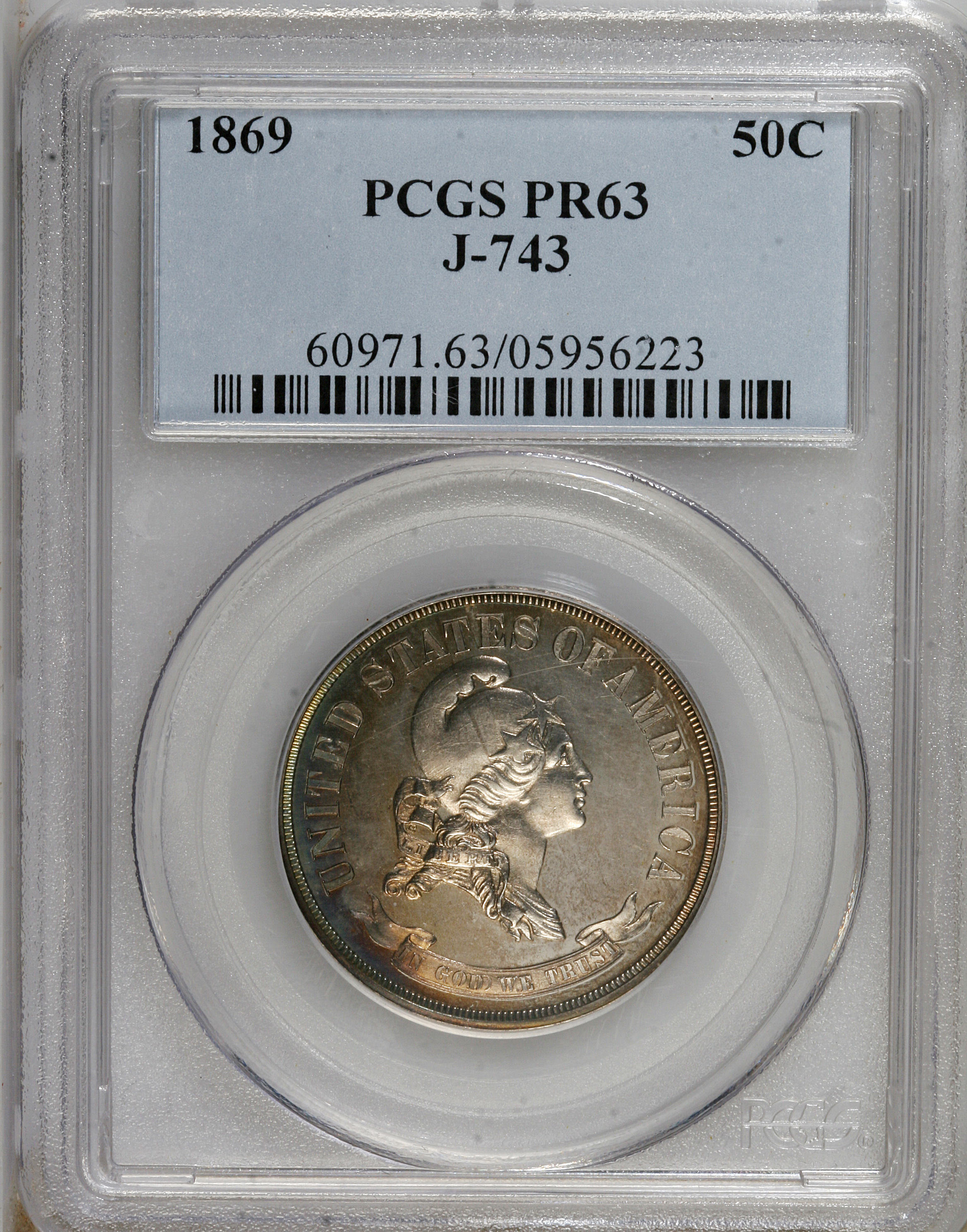 image for: 1869 50C Standard Silver Half Dollar, Judd-743, Pollock-824, High R.6, PR63 PCGS. PCGS Population (5/6). NGC Census: (0/4)....