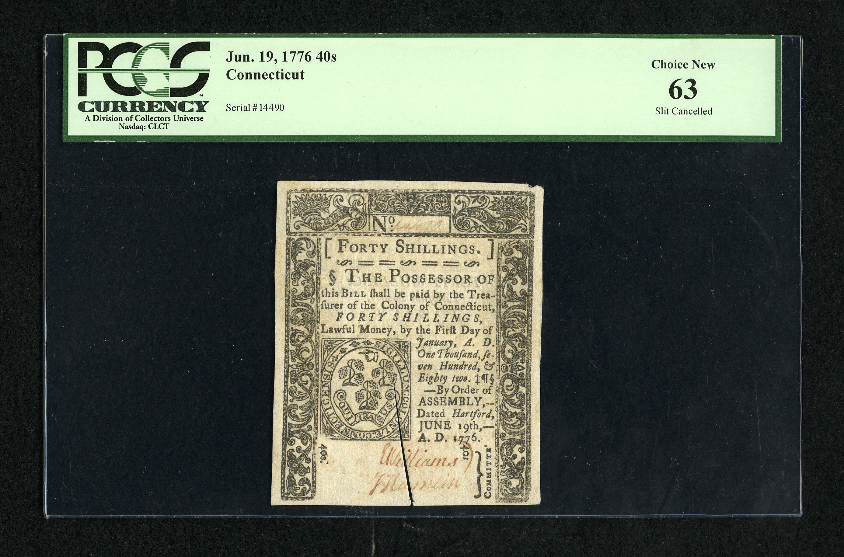 image for: Connecticut June 19, 1776 40s Slash Cancel PCGS Choice New 63.