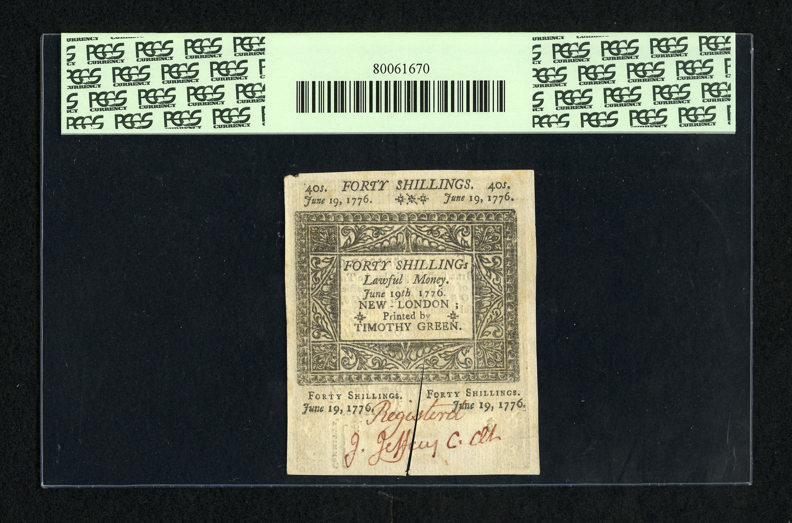 image for: Connecticut June 19, 1776 40s Slash Cancel PCGS Choice New 63.