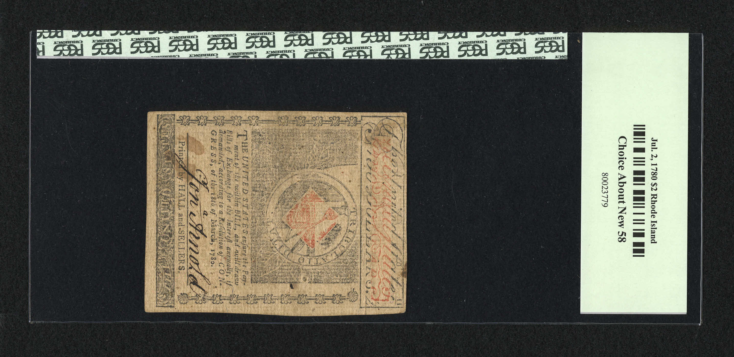 image for: Rhode Island July 2, 1780 $2 PCGS Choice About New 58....