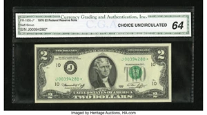image for: Fr. 1935-J* $2 1976 Federal Reserve Note. CGA Choice Uncirculated 64....